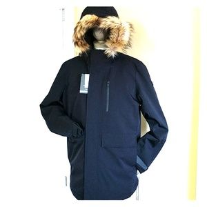 NEW Mens Goose Down Parka Coat OROBOS Faux Fur Trim Detachbl Hood Black Magnet L